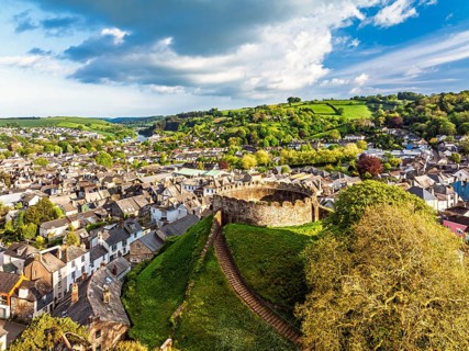 Totnes Castle from a drone, Totnes, River Dart, Devon, England, United Kingdom