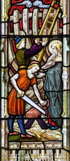Stained glass window Noah making the Arc, c 1883, St Andrew's church, Ashburton, Devon, England, UK