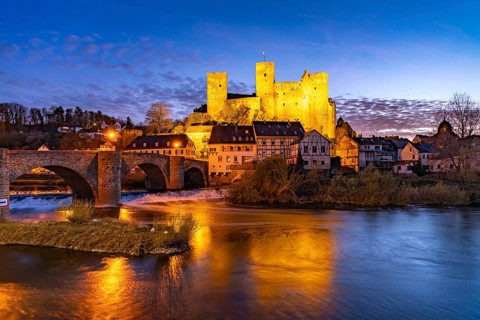 Runkel Castle over the Lahn at dusk, Runkel, Hesse, Germany