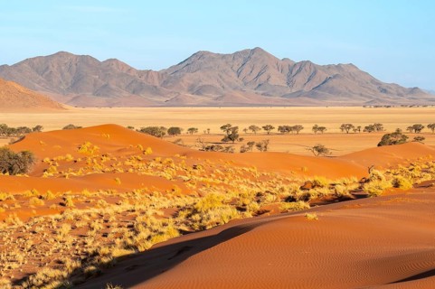 Evening atmosphere, sand dunes, landscape in the NamibRand Nature Reserve, Naukluft Mountains in
