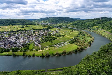 The wine town of Pünderich, in the district of Cochem-Zell, on the Moselle, view from the vineyards
