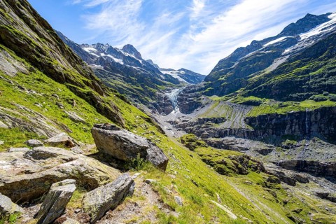 Mountain panorama, picturesque high alpine mountain landscape with Lower Arctic Sea glacier, hike
