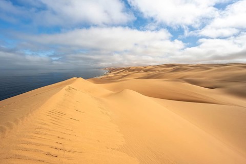Sand dunes and sea, Atlantic coast and sandy desert with sea of dunes, Sandwich Harbour, Namib