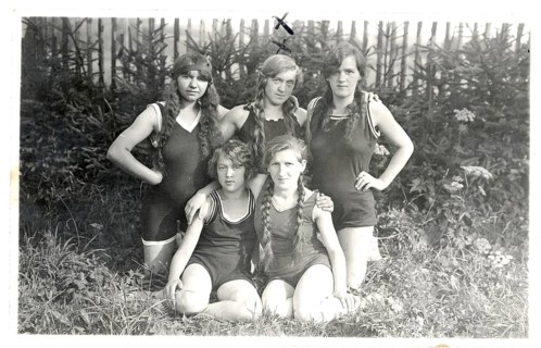 Bathing, swimwear, woman, girls, leisure, fun, summer, five woman in swimwear posing together in a