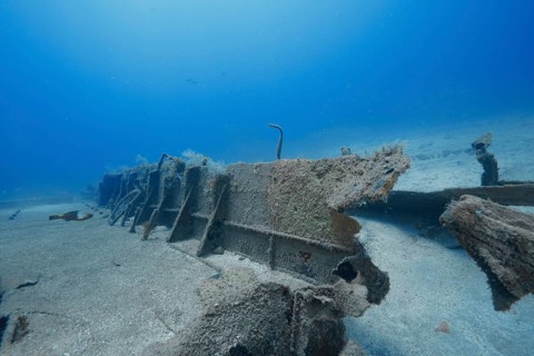 Partially preserved metal plates from a wreck on the sandy seabed, meteor wreck dive site, Russian