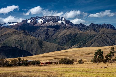 Mountain landscape with fields in highlands, Maras, Urubamba Valley, Southern Peru, Peru, South