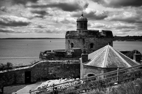 St Mawes Castle, St Mawes, black and white, Cornwall, England, Great Britain, Great Britain