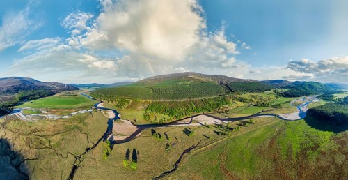 Aerial view of the course of Clunie River near Braemar, Cairn Gorms national Park, Scotland, UK
