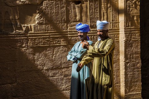 Traditionally dressed men, Philae Temple, Agilka Island, UNESCO World Heritage Site, Aswan, Upper