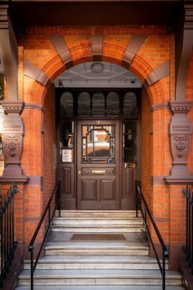 Elaborately designed house entrance, Victorian brick town house, Cadogan Gardens, Relais & Chateau