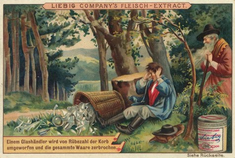 Picture series Sagen, illustration of the German mythical figure Rübezahl knocking over a dealer's