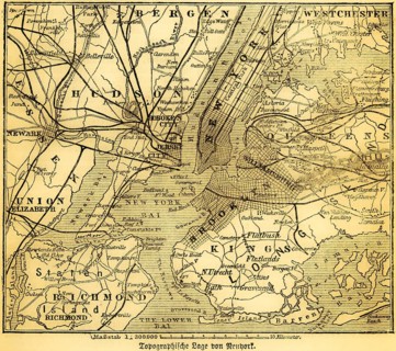 Map of New York and nearby communities measuring in kilometers, NY Bay, Central Park, Brooklyn,