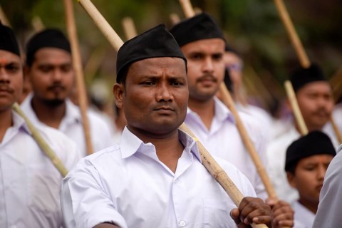 Rashtriya Swayamsevak Sangh (RSS) volunteers participate in an annual event, in Guwahati, Assam,