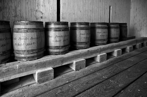 Gunpowder in barrels, magazine, weapons magazine, storage magazine, St Mawes, black and white,