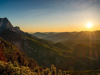 Morning atmosphere at Rauhen Kopf, Untersberg in the background, Berchtesgaden Alps,