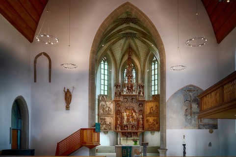 Interior view, high altar carved from linden wood, carved altar, choir, Lutheran City Church, Old