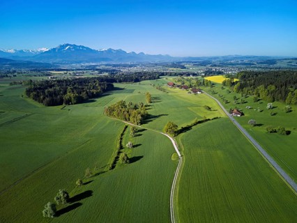 Blooming trees, fields and meadows, in the background the snow-covered Alps with Mount Pilatus,