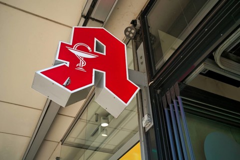 Logo, red neon sign, pharmacy sign with Aesculapian stick, Aesculapian stick, Stuttgart,