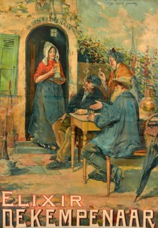 Advertising poster, beverage advertisement, poster for Elixir De Kempenaar, scene showing a rural