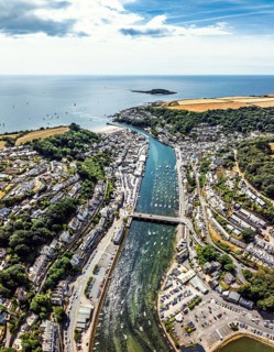 Top Down panorama of LOOE and River Looe from a drone, Cornwall, England, United Kingdom
