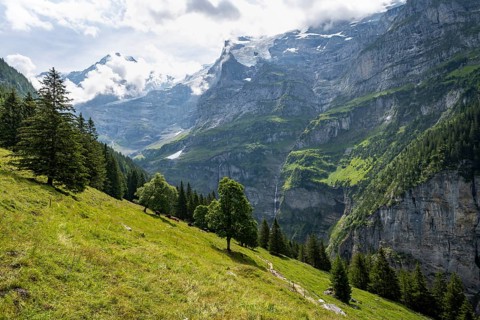 Picturesque mountain landscape on Mettlenalp with Mönch and Jungfrau peaks, Bernese Alps, Bernese