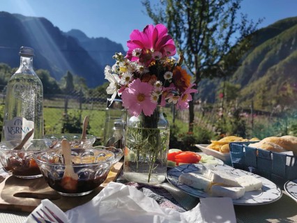 Outdoor breakfast table with flowers, cheese, marmalade and mountains in the background, Theth,