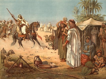 Bedouin family traveling through the desert around 1860. An armed rider on a horse rushes in,