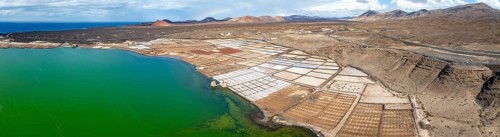 Salt mining plant, Salinas de Janubio with green Laguna de Janubio, near Yaiza, aerial view,