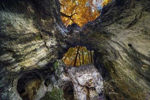 Versturzhöhle Riesenburg, cave ruin with autumn forest, Wiesenttal, Upper Franconia, Bavaria,