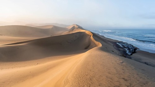 Sand dunes in morning light, view of Atlantic coast and sea, Sandwich Harbour, impressive desert