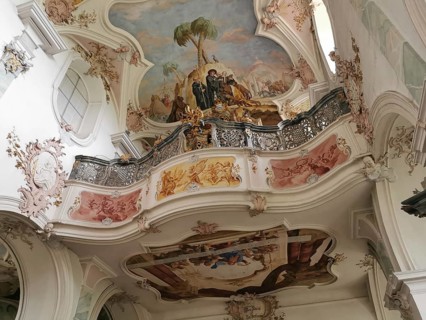 Fresco and organ in the monastery church, Mönchsdeggingen Abbey, former monastery of the