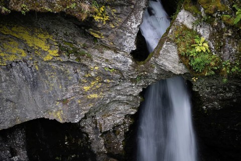 Waterfall hidden behind rocks, Øvstestølbrua, long exposure, Valldal, Norway