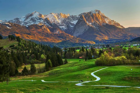 Hiking trail, Philosophenweg with the Zugspitze Group 2962m at sunset in spring, Farchant near