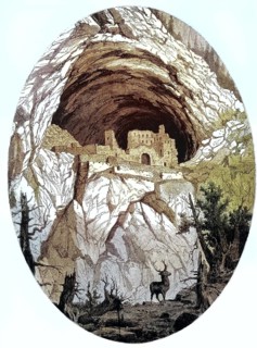 The historic cave castle Puxer Lügg, also known as Puxerloch, 1877, Styria, Austria, illustration,