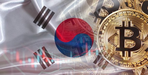 Bitcoin cryptocurrency with South Korean flag. Investors in Blockchain Technology with South Korea