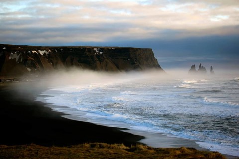 Europe, Iceland, coast in fog, atmosphere, rocks, pinnacles, Atlantic, volcanism, south coast,