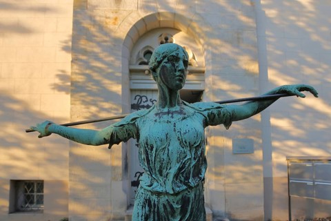 Return of Ferdinand Lepcke 1907, modern art, female figure with outstretched arms and staff across