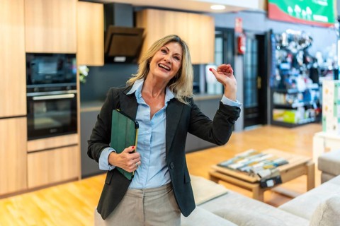 Experienced female advisor standing in a modern showroom, holding a green tablet, smiling and
