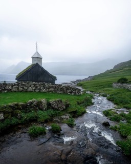 Aerial view of Fossa Waterfall, Faroe Islands