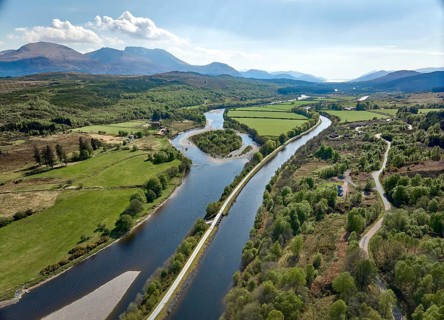 Aerial view of the caledonian canal in the Scottish Highlands near Fort William, Scotland, UK