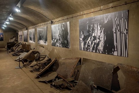 Debris in underground gallery, corridor, tunnel at Fort Eben-Emael, Belgian WW2 fortress during the