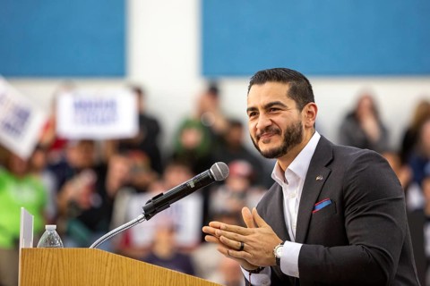 Detroit, Michigan - U.S. Senate candidate Dr. Abdul El-Sayed speaks at Senator Bernie Sanders