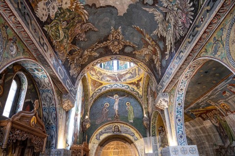 Belgrade, Serbia. April 23rd 2026. Colourful religious motifs and frescoes painted inside Ruzica