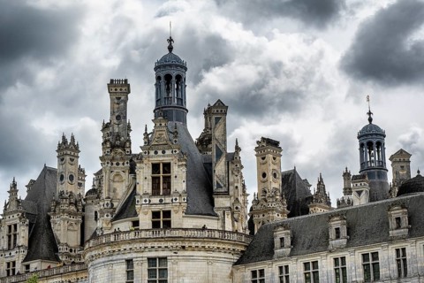 Detailed view of the monumental Renaissance Château de Chambord castle with its distinctive, richly