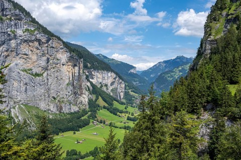 View of the picturesque valley of Lauterbrunnen with Staubbach Falls, mountain landscape, Bernese
