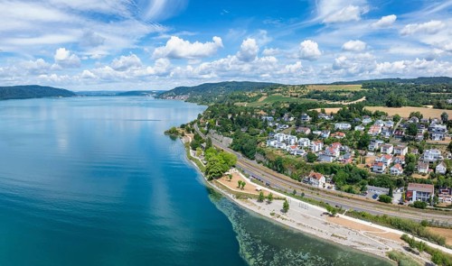 Aerial view, panorama of Lake Constance with the Landesgartenschaugelände and lakeside park,