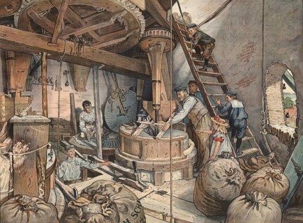 Millers and children working in the mill mill, surrounded by sacks of grain. Interior of a
