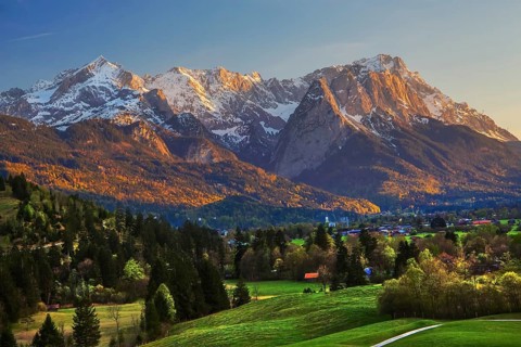 Philosophenweg with the Zugspitze Group 2962m at sunset in spring, Farchant near