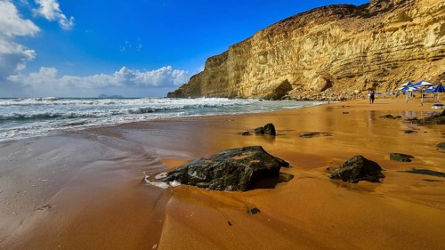 Red Beach, dream beach in the neighboring bay of Matala, sandy beach with cliffs and sea, calm