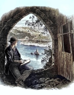 River Wye, Welsh Afon Gwy, river in Wales and England, seen from Chepstow. Man with a sketchpad